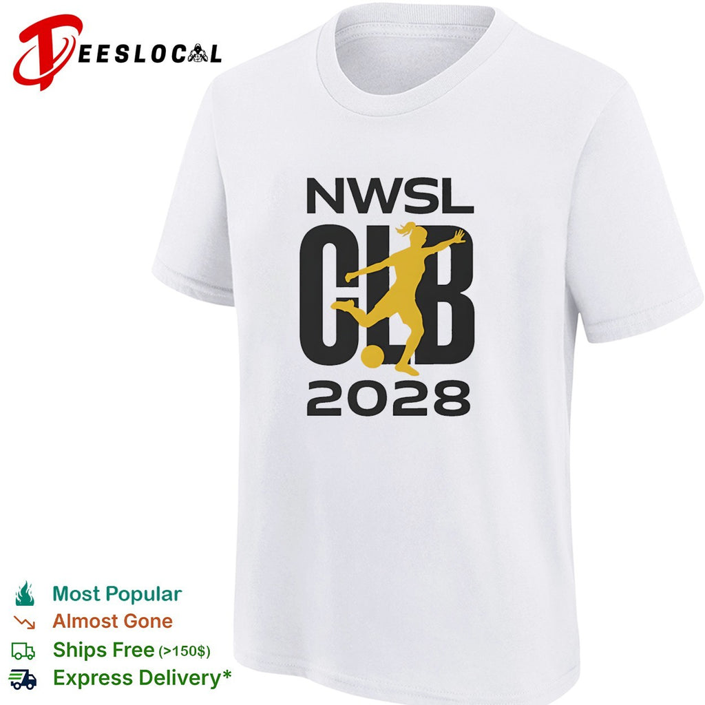 NWSL Club 2028 yellow soccer player silhouette bold lettering graphic shirt