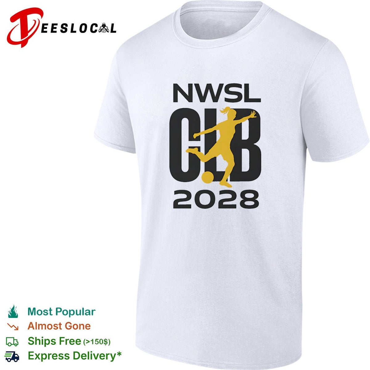 NWSL Club 2028 yellow soccer player silhouette bold lettering graphic shirt