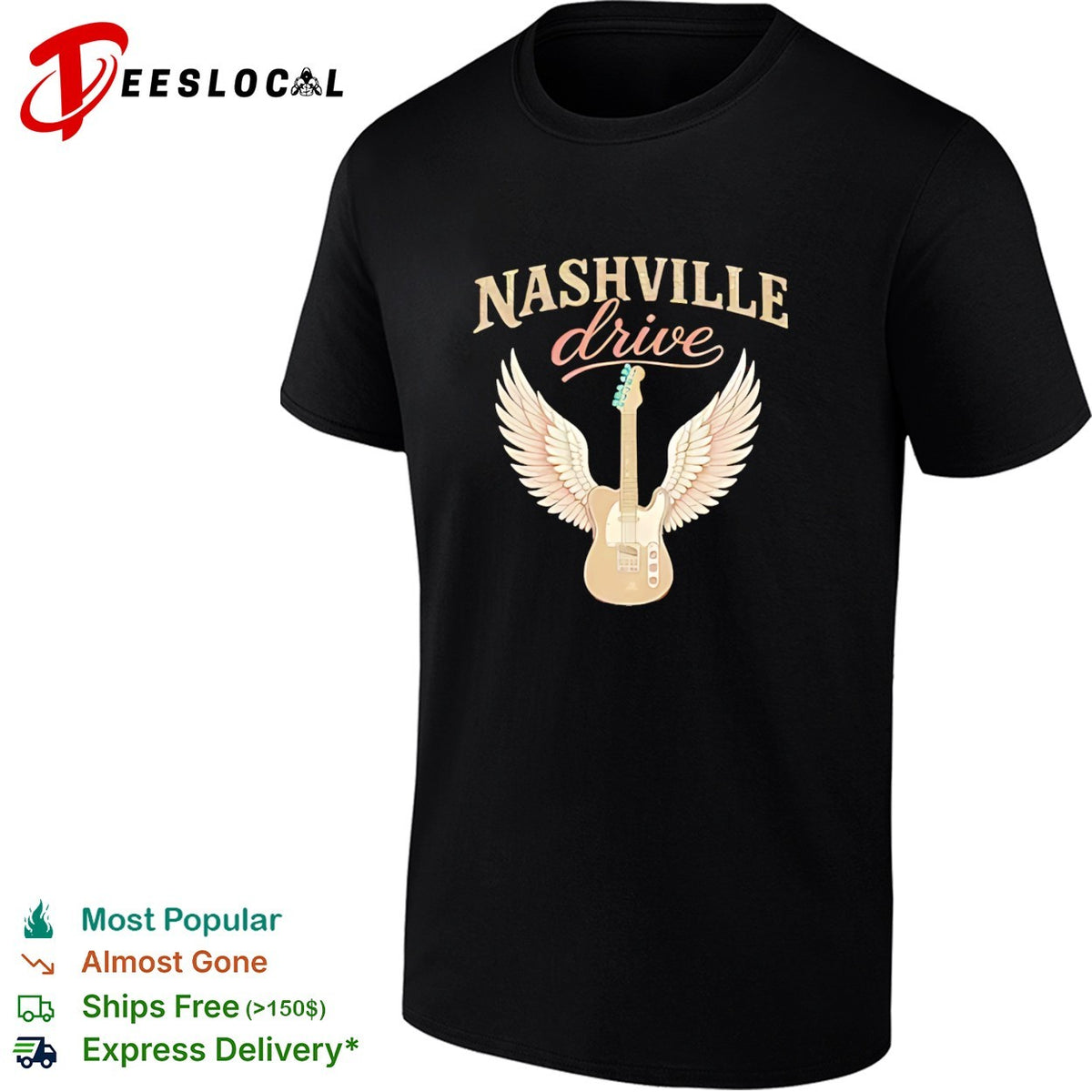 Nashville drive electric guitar with angel wings music theme shirt