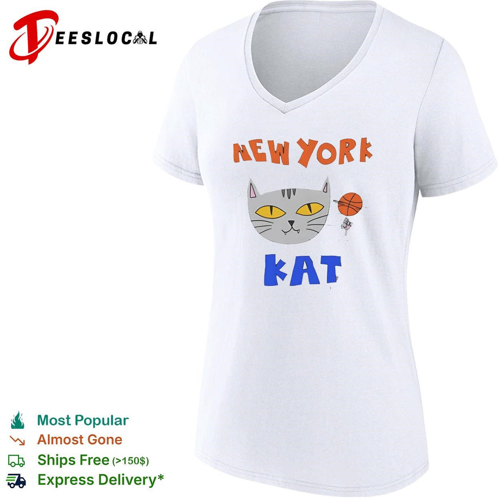 New York Kat cat face with basketball hand drawn cartoon mascot graphic shirt