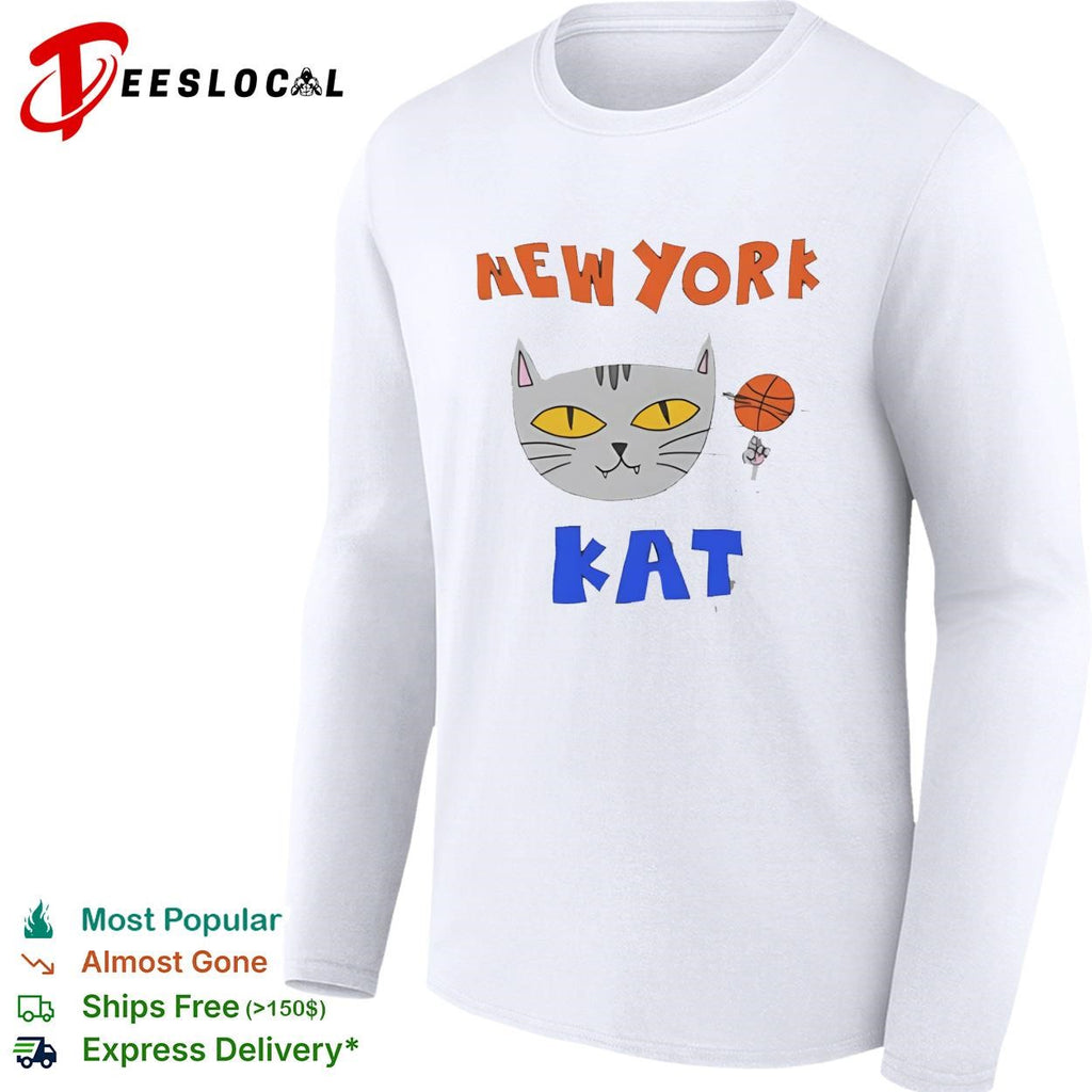 New York Kat cat face with basketball hand drawn cartoon mascot graphic shirt