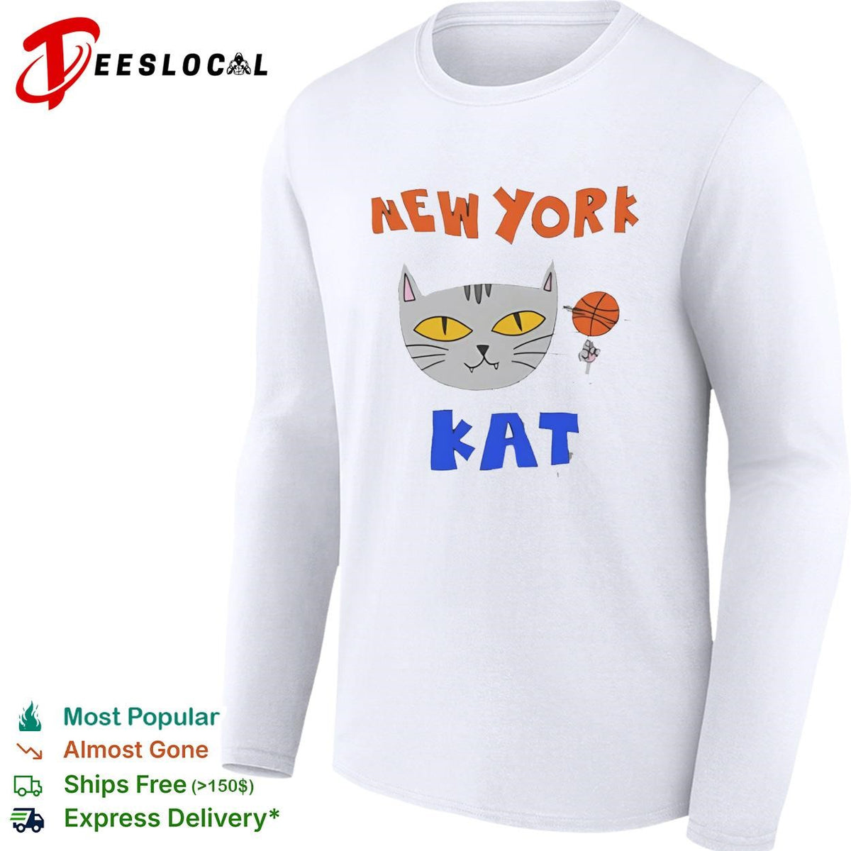 New York Kat cat face with basketball hand drawn cartoon mascot graphic shirt