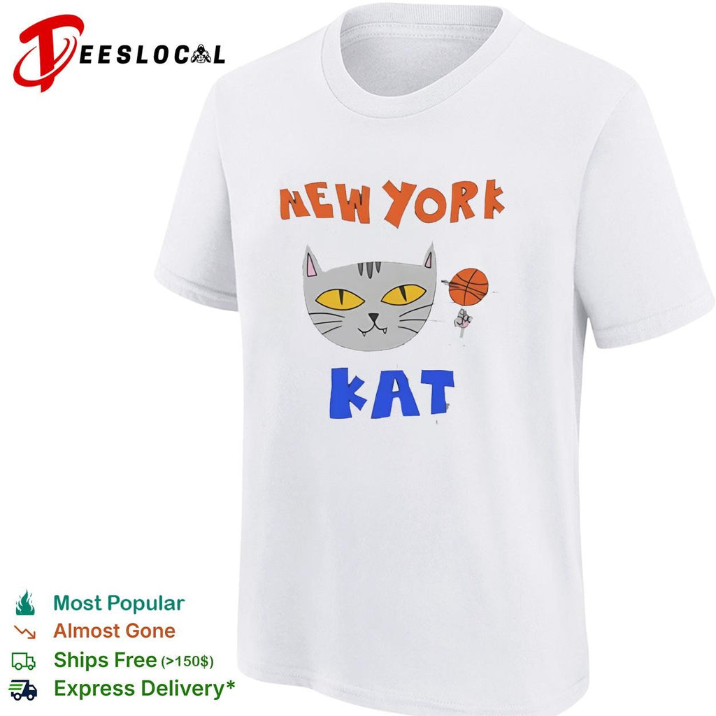 New York Kat cat face with basketball hand drawn cartoon mascot graphic shirt