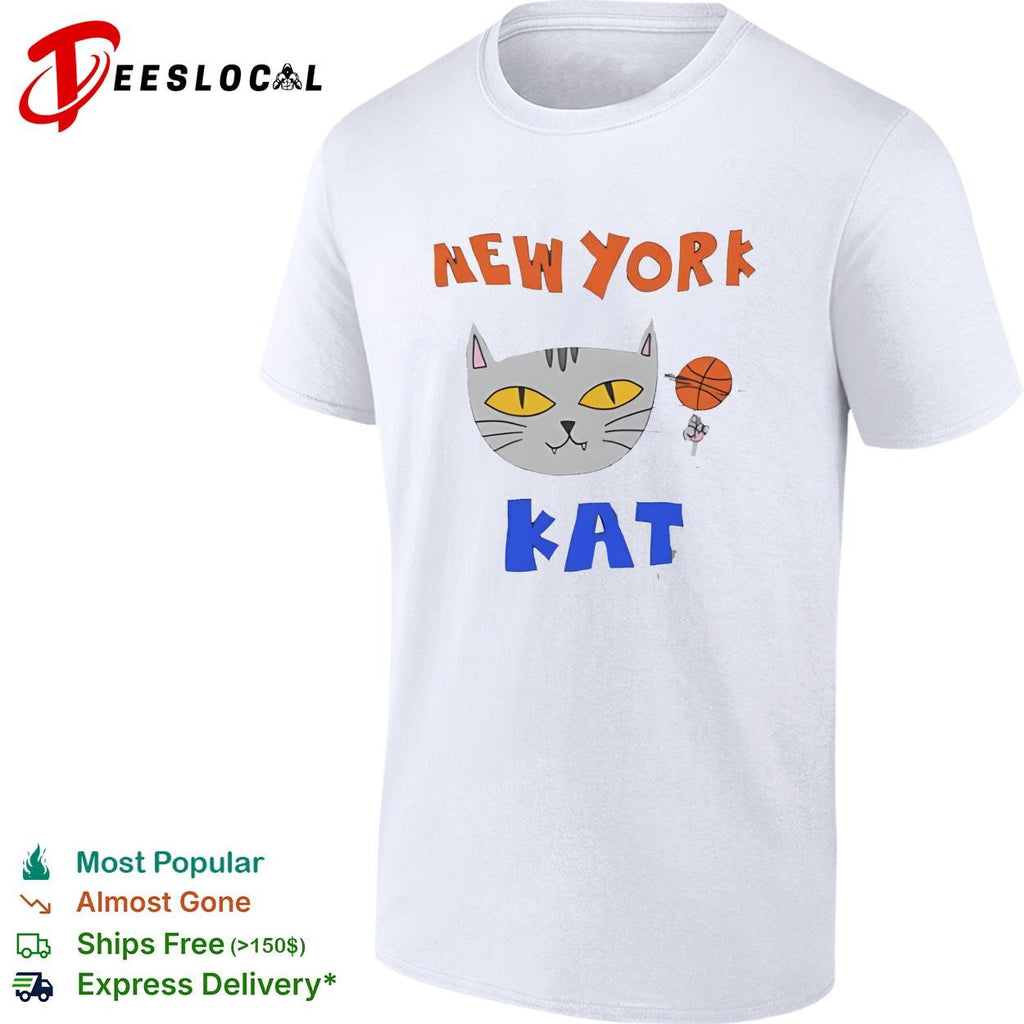 New York Kat cat face with basketball hand drawn cartoon mascot graphic shirt