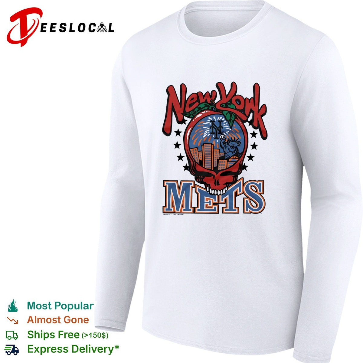 New York Mets x Grateful Dead skull city skyline MLB graphic shirt