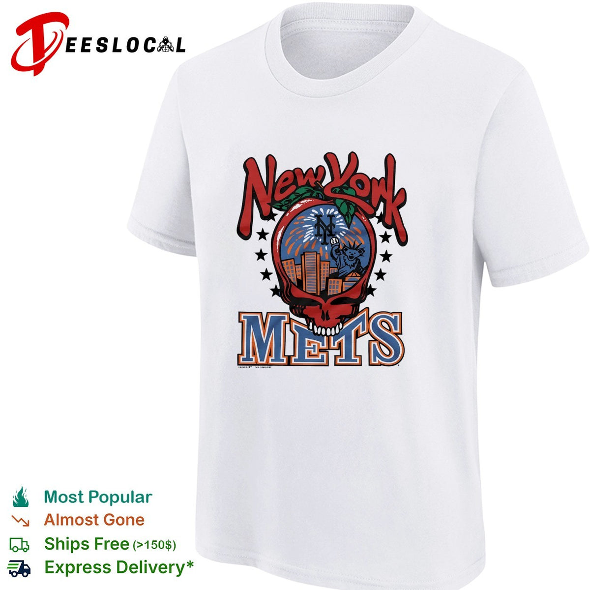 New York Mets x Grateful Dead skull city skyline MLB graphic shirt