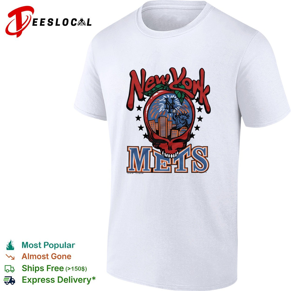 New York Mets x Grateful Dead skull city skyline MLB graphic shirt