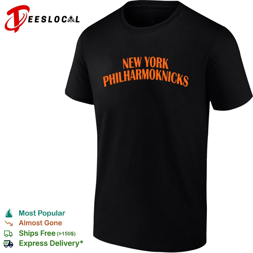 New York Philharmoknicks orange bold arched lettering basketball pun graphic shirt