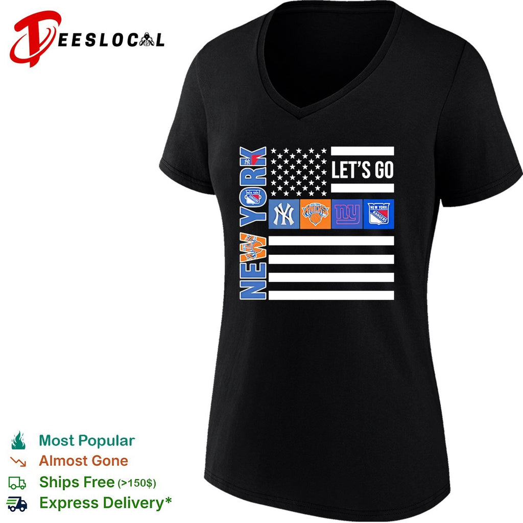 New York Sport Teams Yankees Knicks Giants Rangers American flag shirt