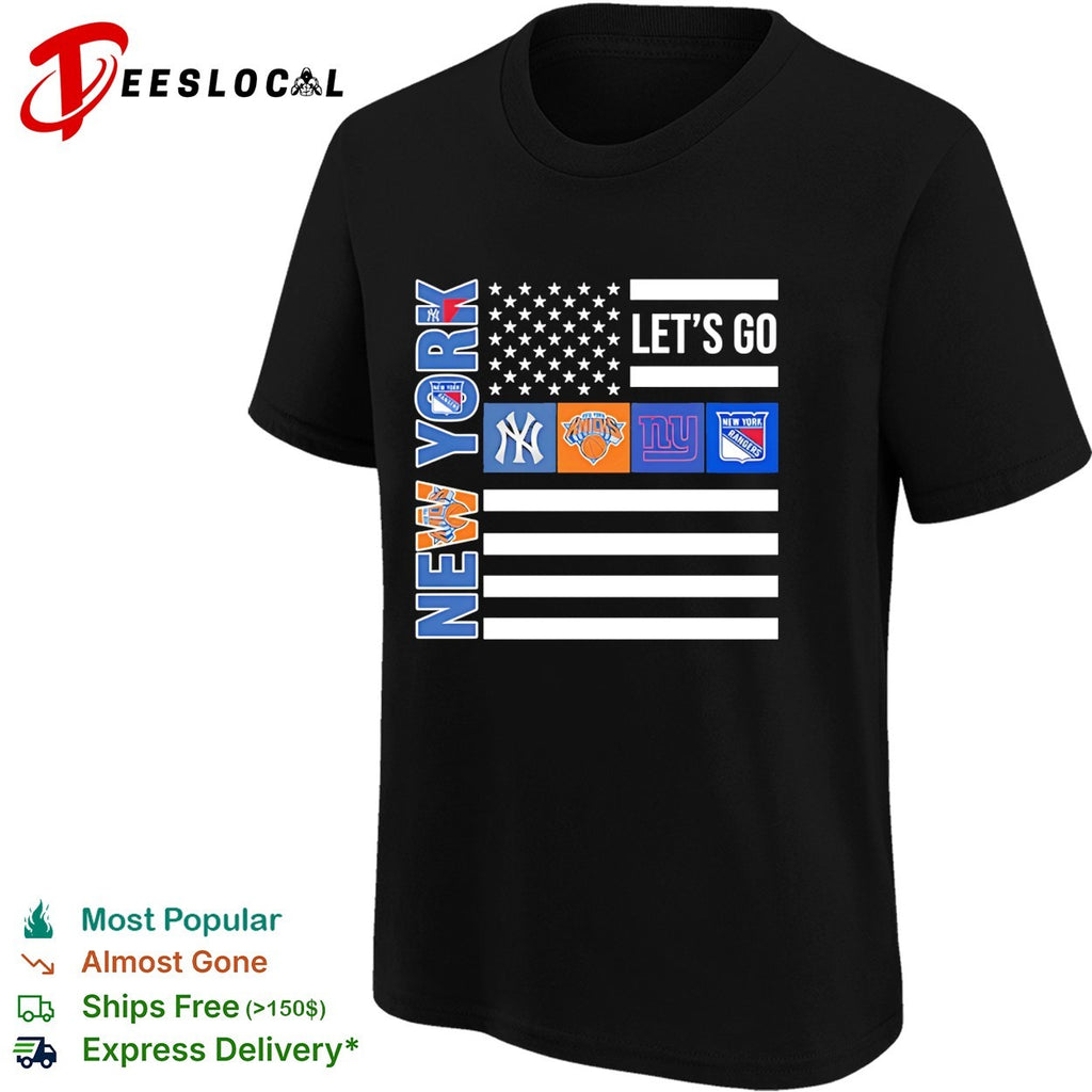 New York Sport Teams Yankees Knicks Giants Rangers American flag shirt