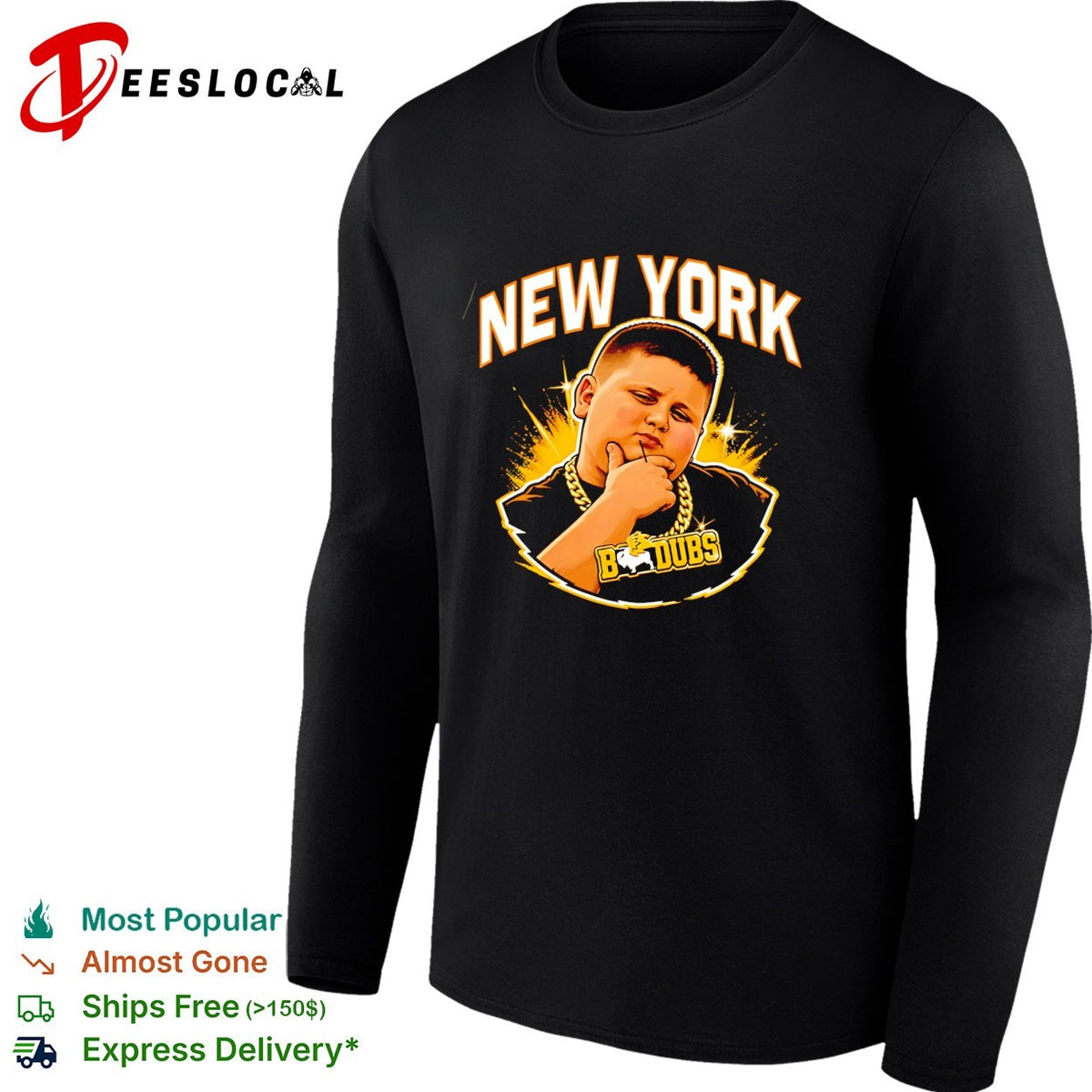 New York kid with chain B Dubs mascot graphic shirt