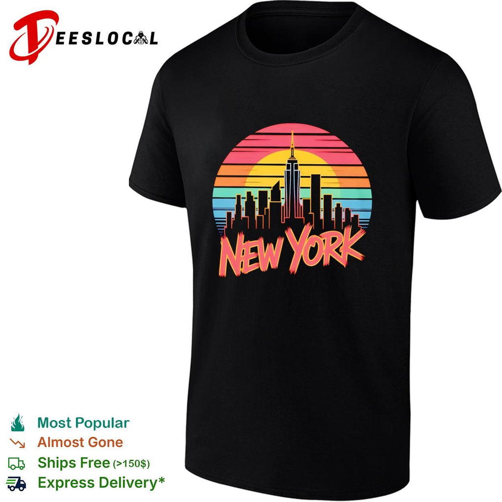 New York skyline city silhouette sunset retro color stripes lettering graphic shirt