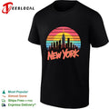 New York skyline city silhouette sunset retro color stripes lettering graphic shirt
