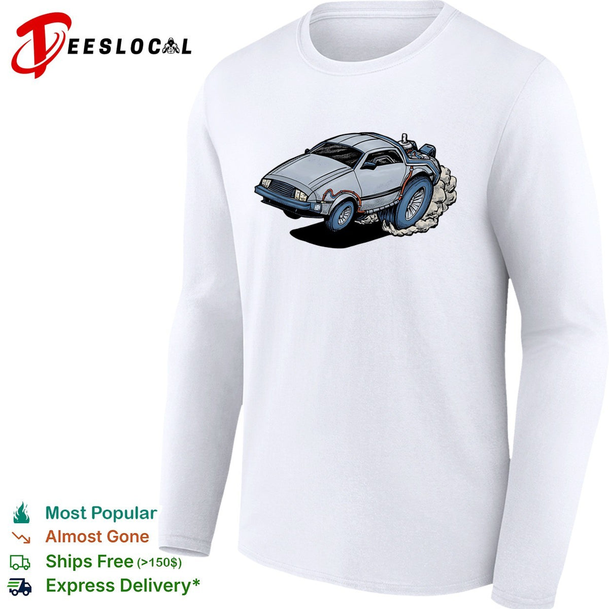 No Time to Lose Doc Brown’s DeLorean in the style of a Rat Fink hot rod illustration shirt