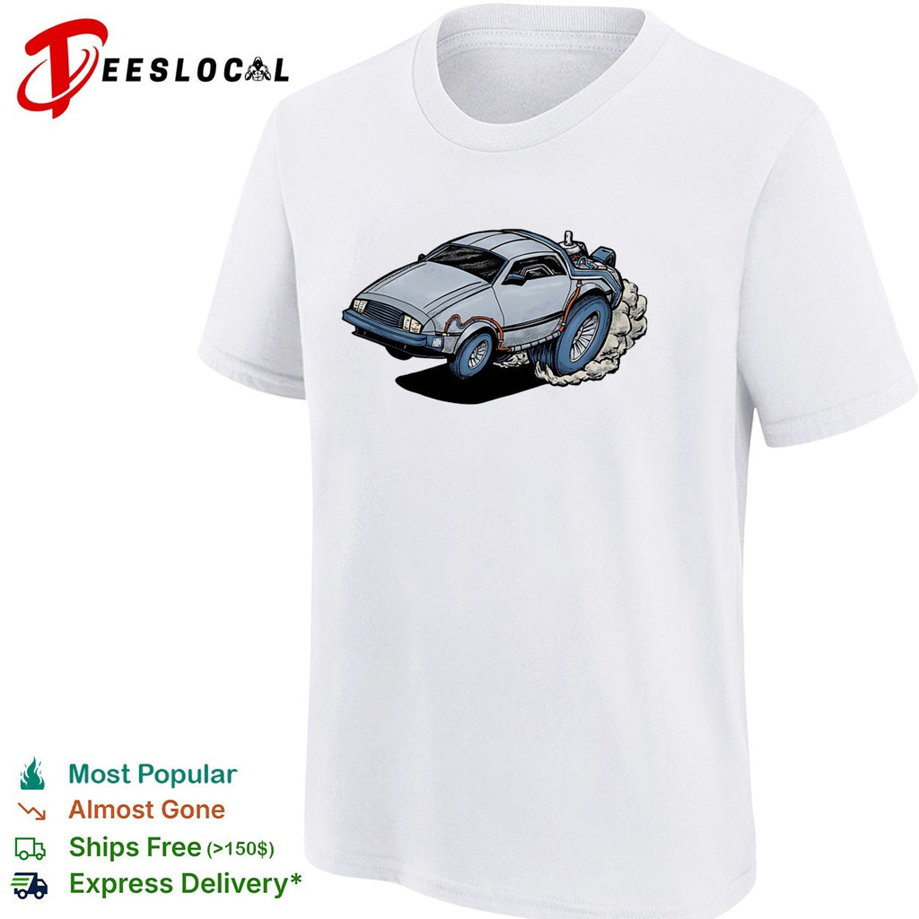 No Time to Lose Doc Brown’s DeLorean in the style of a Rat Fink hot rod illustration shirt