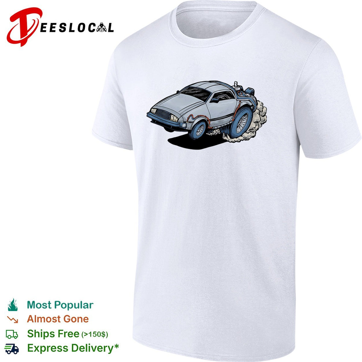 No Time to Lose Doc Brown’s DeLorean in the style of a Rat Fink hot rod illustration shirt
