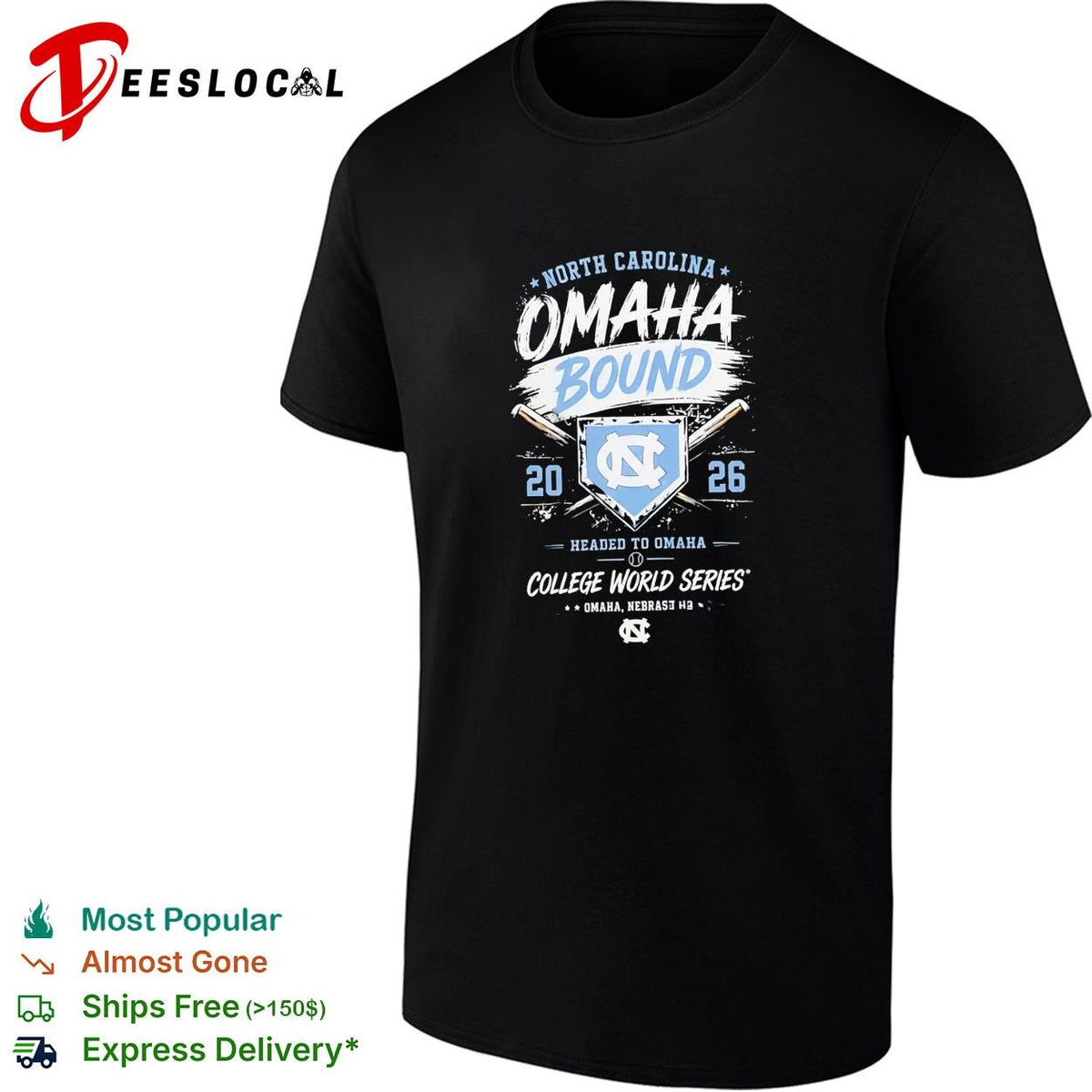 North Carolina Tar Heels Omaha Bound 2026 College World Series baseball dark shirt
