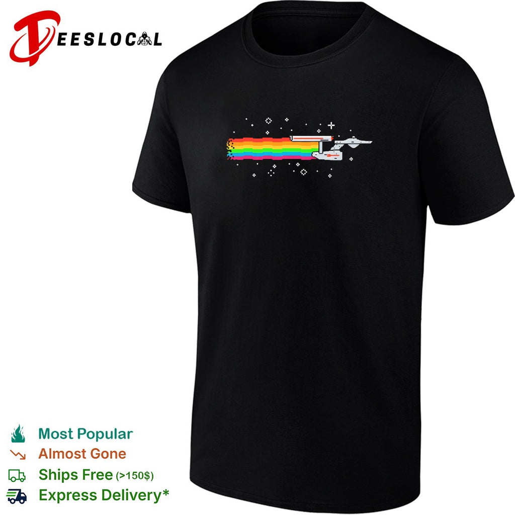 Nyan cat rainbow pixel art space sci-fi starship shirt