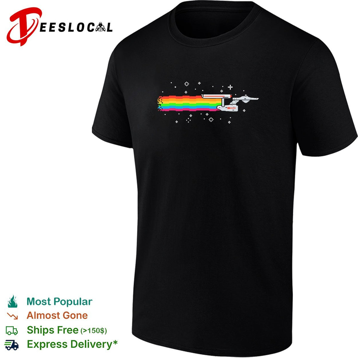 Nyan cat rainbow pixel art space sci-fi starship shirt