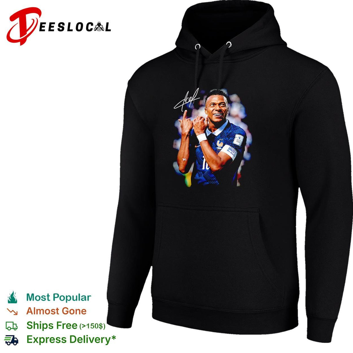 Kylian Mbappe France number 10 hand gesture celebration signature poster shirt