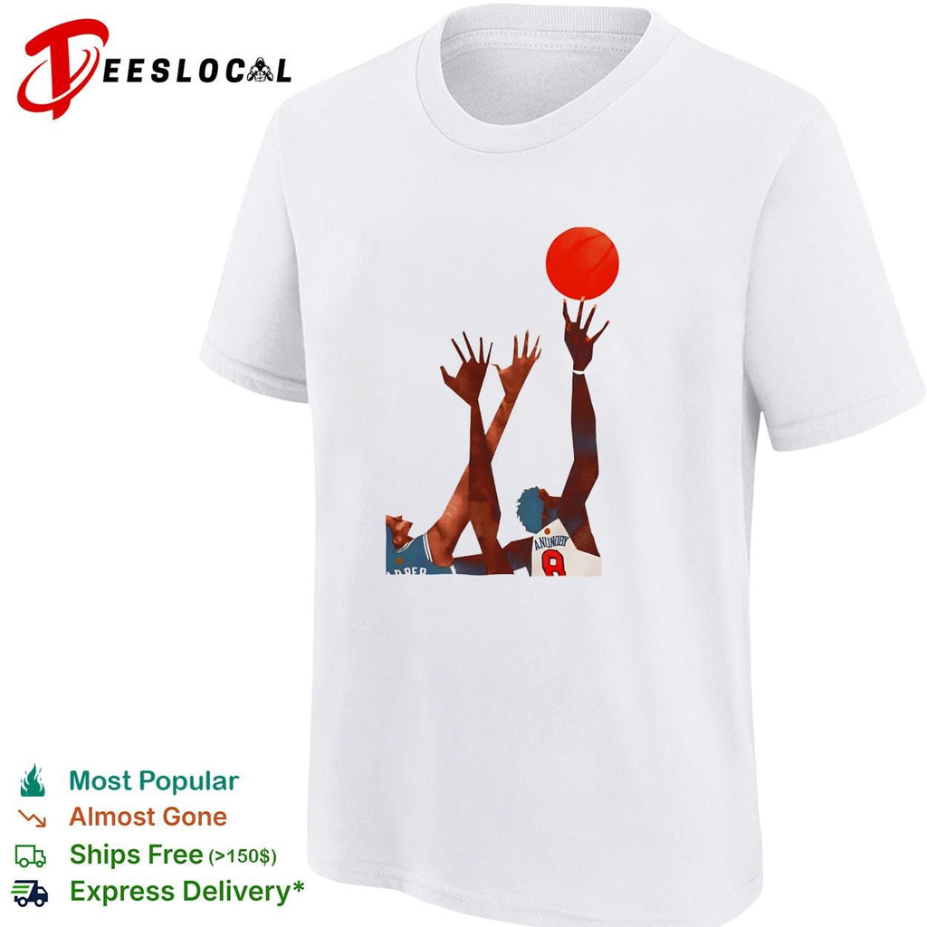 OG Anunoby Harper basketball reaching for ball action art white shirt