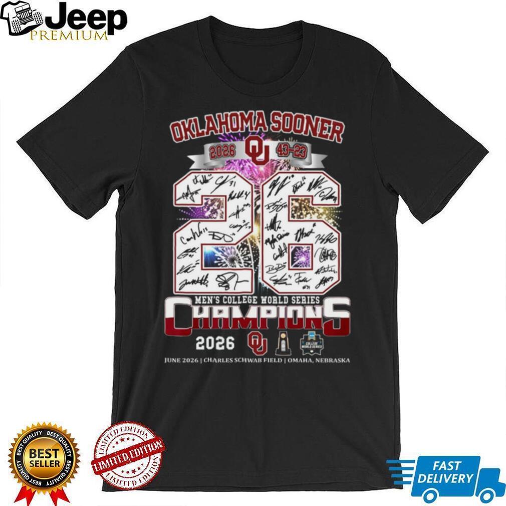 Oklahoma Sooners 2026 Men’s College World Series Champions Signatures Fireworks Fans Shirt