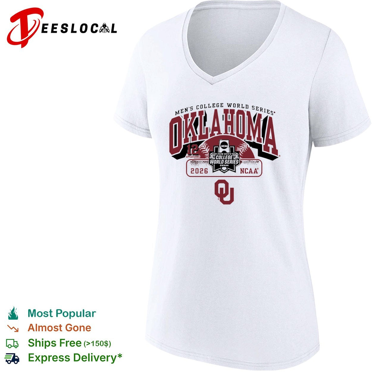 Oklahoma Sooners Mens College World Series 12 appearances 2026 NCAA Omaha baseball OU shirt