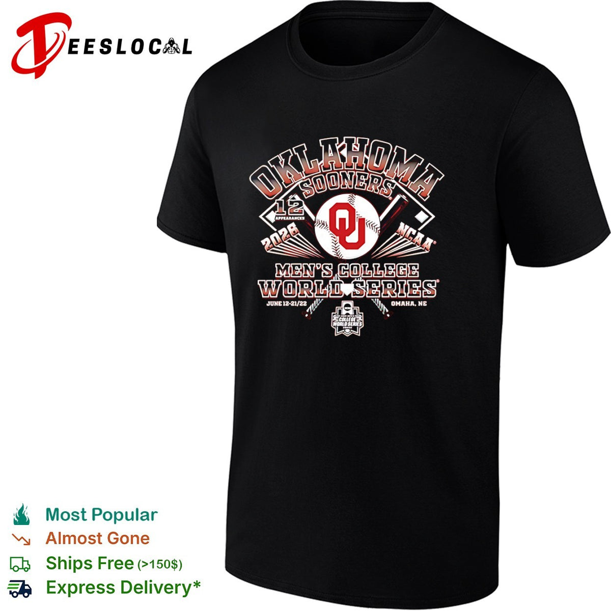 Oklahoma Sooners baseball bats 12 appearances 2026 NCAA Mens College World Series Omaha NE shirt