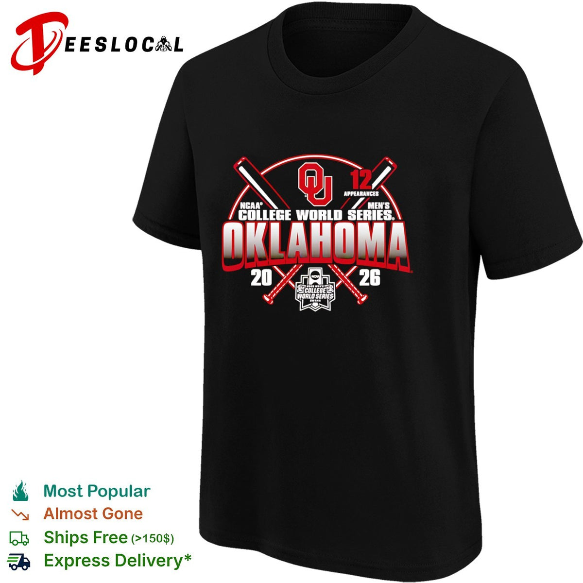 Oklahoma Sooners crossed bats 12 appearances NCAA Mens College World Series 2026 shirt