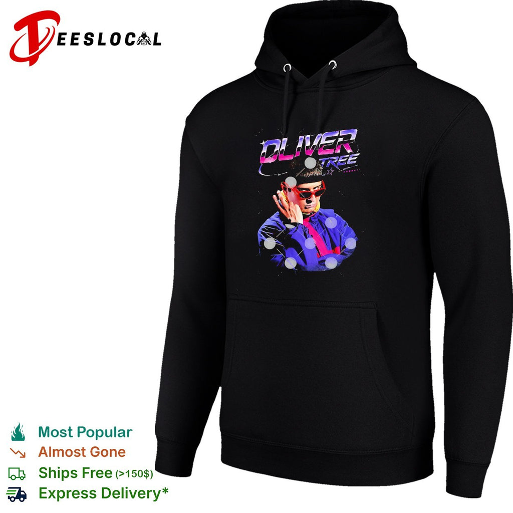 Oliver Tree RIP futuristic neon portrait with sunglasses shirt
