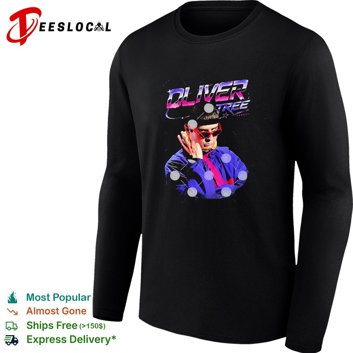 Oliver Tree RIP futuristic neon portrait with sunglasses shirt