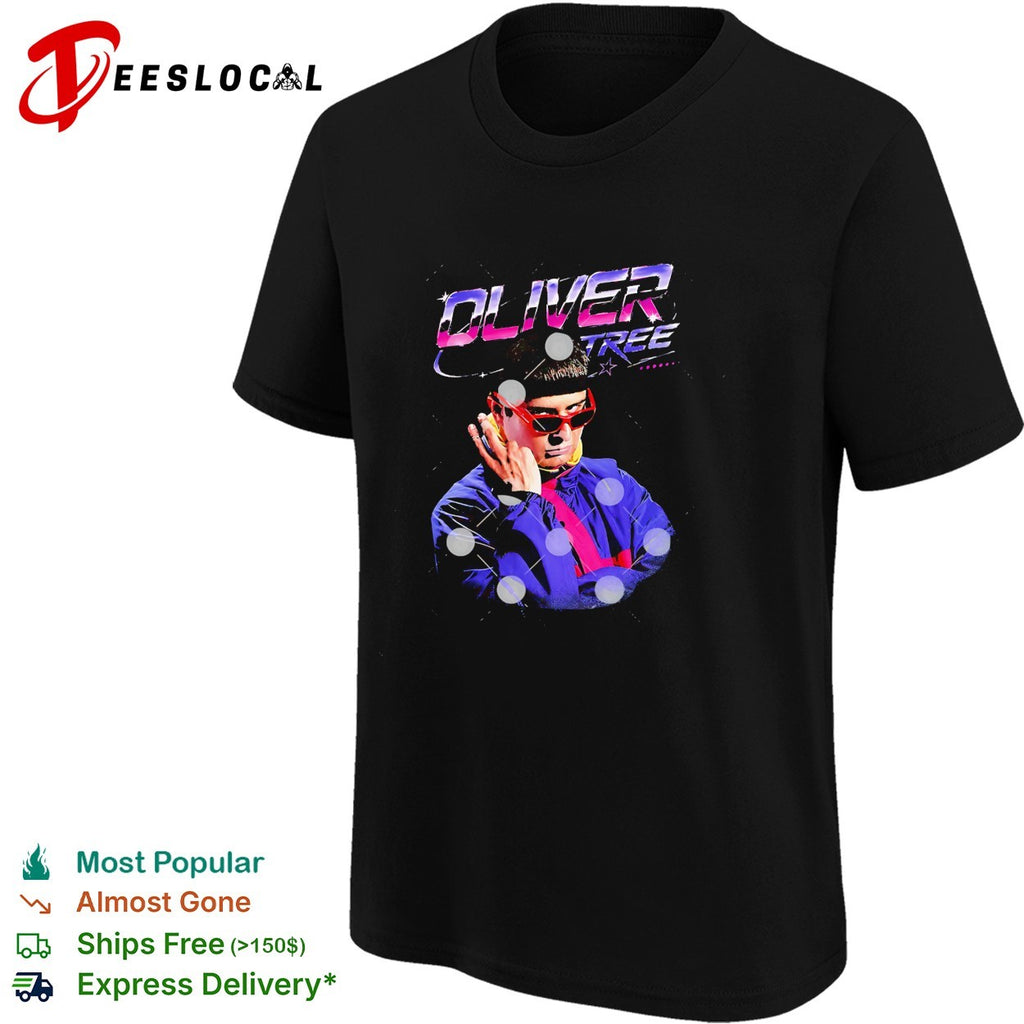 Oliver Tree RIP futuristic neon portrait with sunglasses shirt