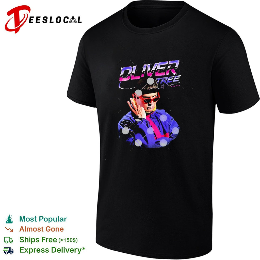 Oliver Tree RIP futuristic neon portrait with sunglasses shirt