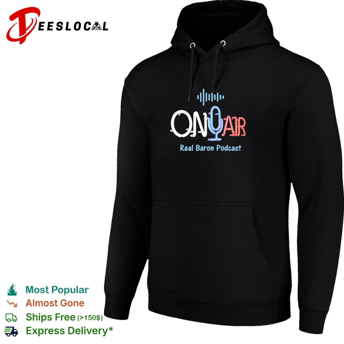 On Air Real Baron Podcast neon sign design logo for branding promotional podcast shirt