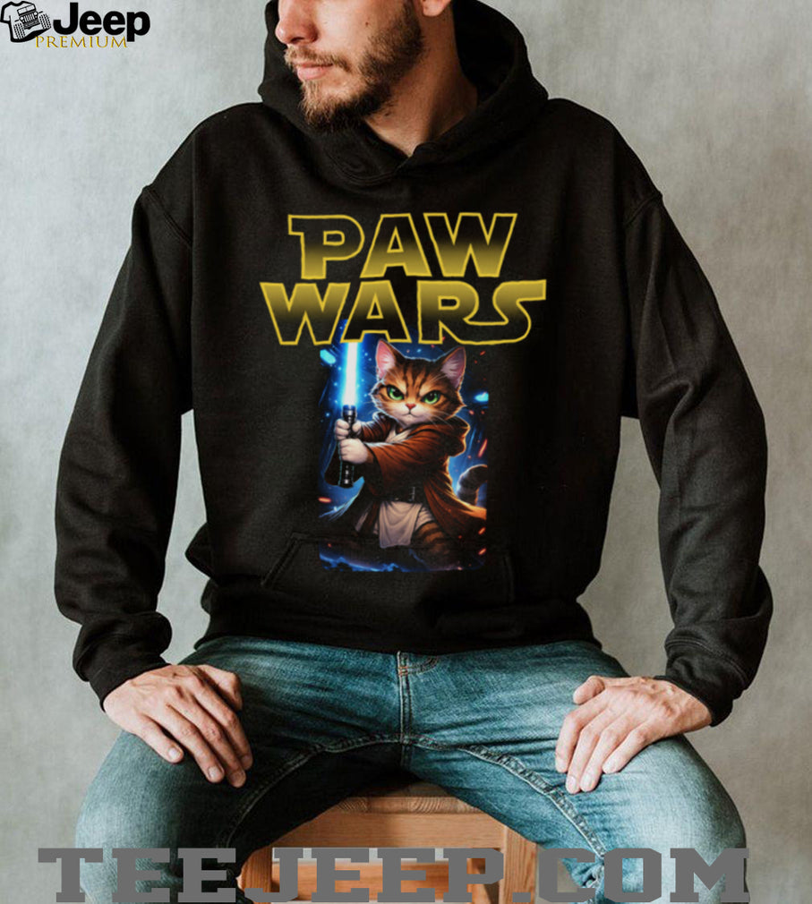 Paw Wars Jedi Cat With Lightsaber Funny Space Kitten T Shirt