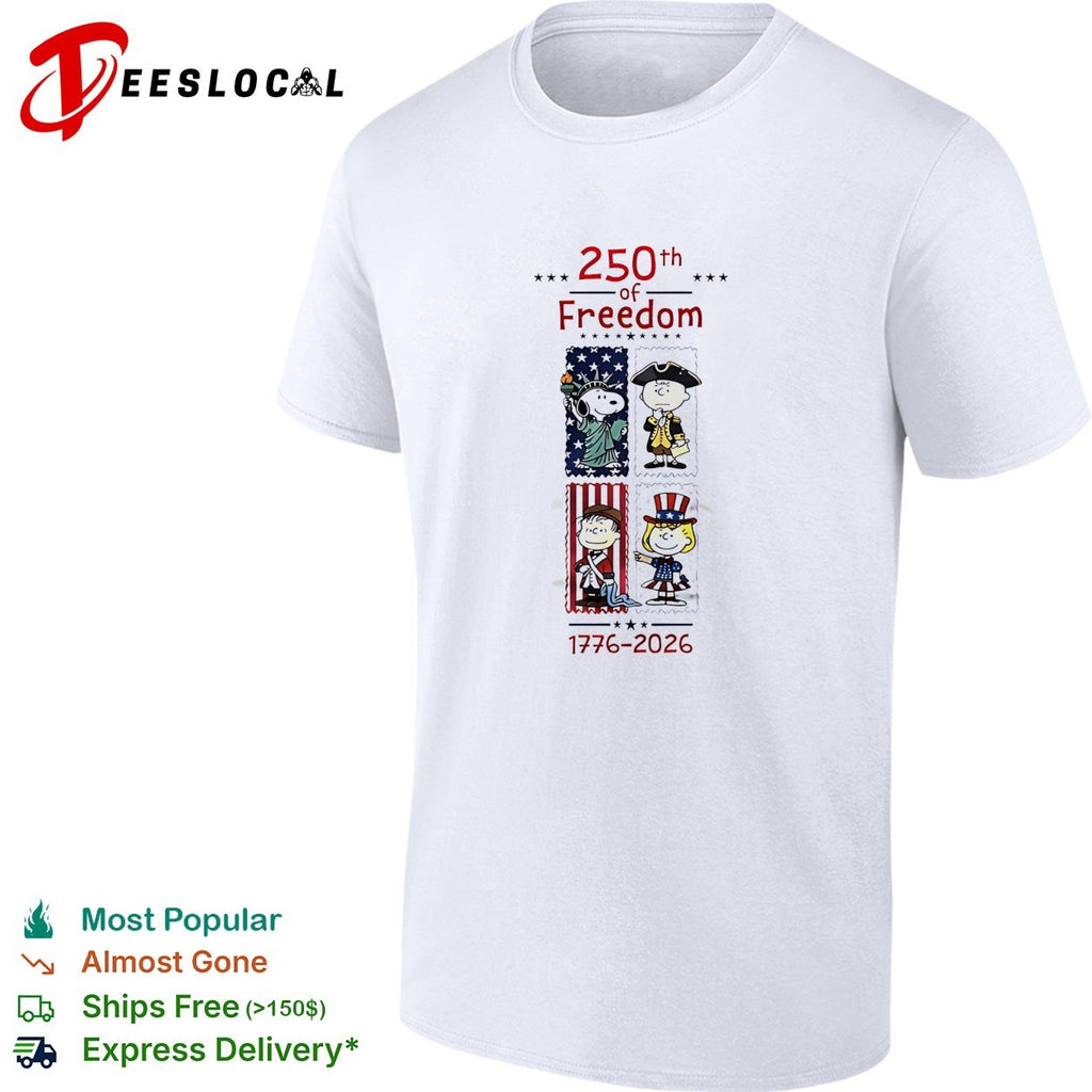 Peanuts characters 250th of freedom 1776 2026 patriotic stamp portraits shirt