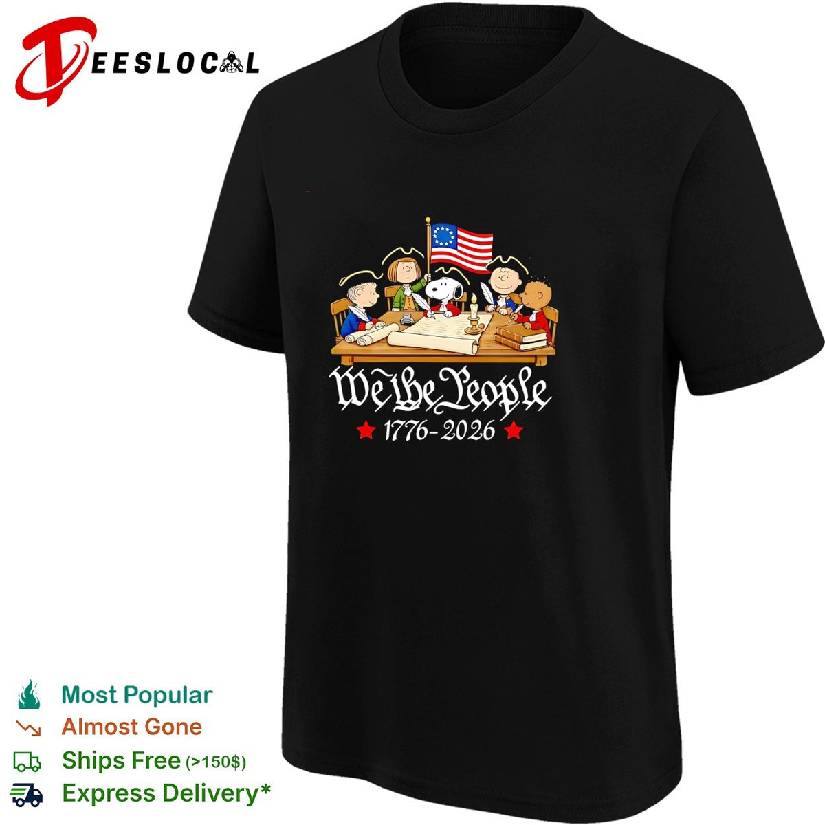 Peanuts characters we the people 1776 2026 signing declaration table scene shirt