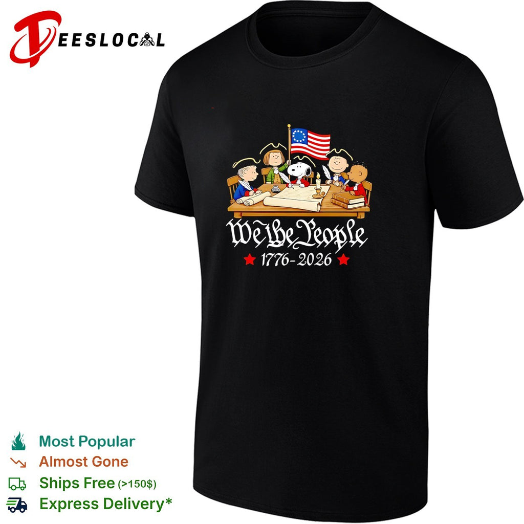 Peanuts characters we the people 1776 2026 signing declaration table scene shirt