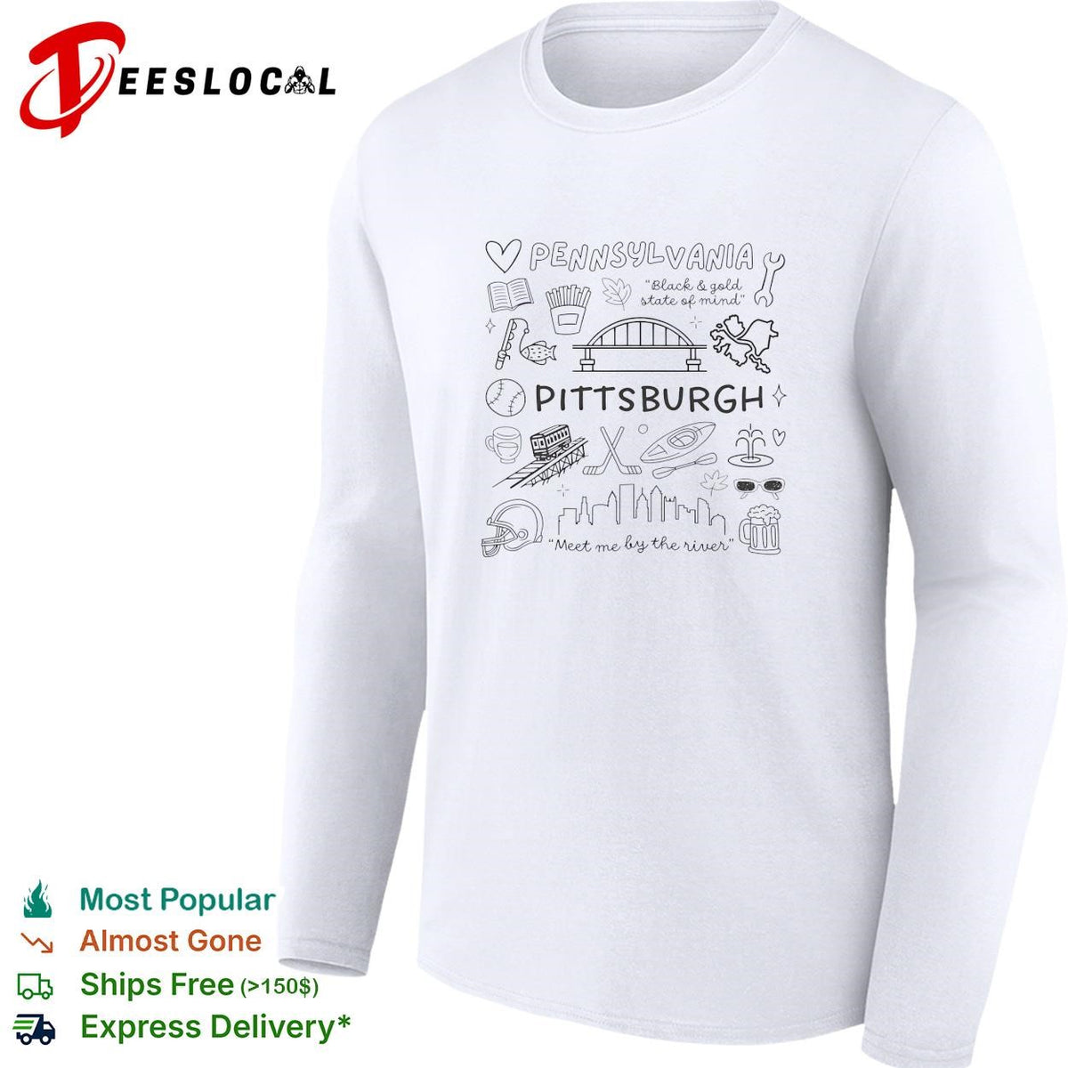 Pennsylvania Pittsburgh black and gold state of mind meet me by the river doodle shirt