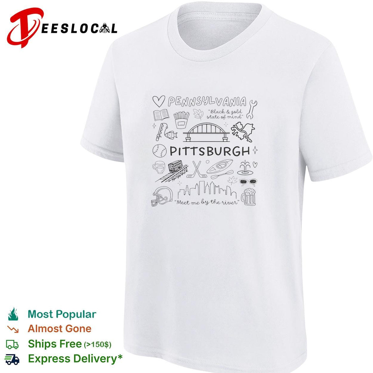 Pennsylvania Pittsburgh black and gold state of mind meet me by the river doodle shirt