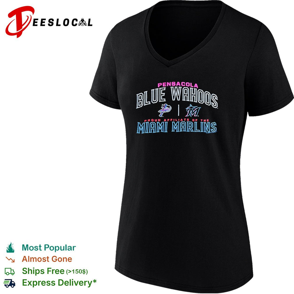 Pensacola Blue Wahoos vs Miami Marlins proud affiliate of the team logos shirt