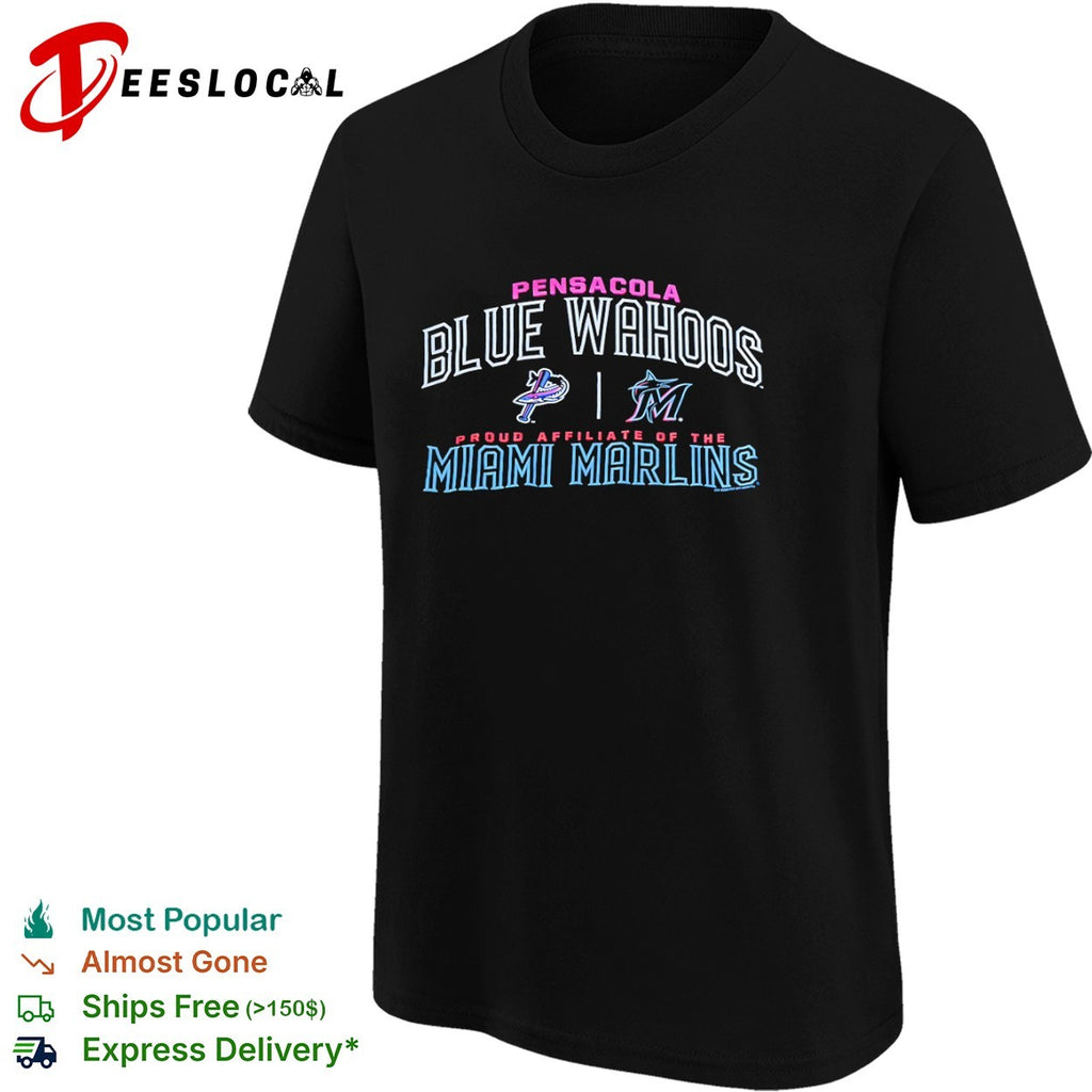 Pensacola Blue Wahoos vs Miami Marlins proud affiliate of the team logos shirt