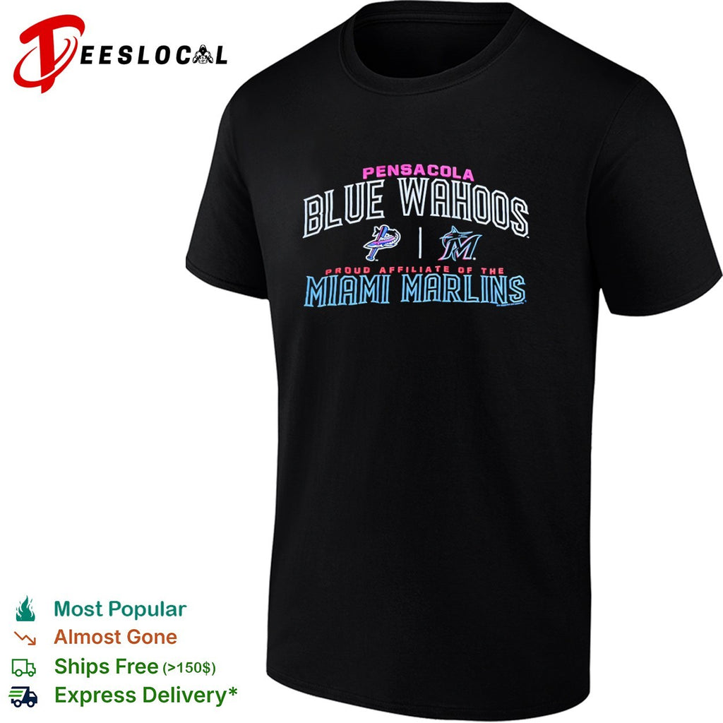 Pensacola Blue Wahoos vs Miami Marlins proud affiliate of the team logos shirt