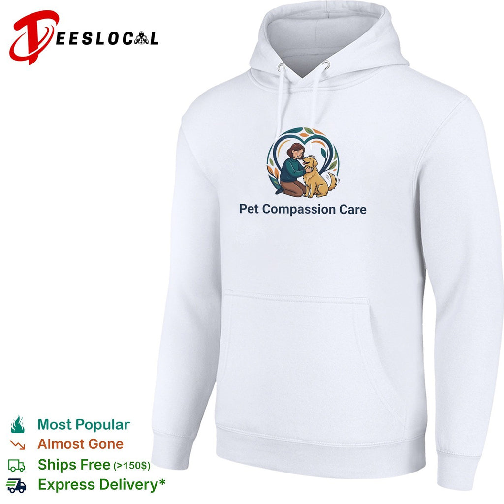 Pet Compassion Care woman with golden retriever heart logo shirt