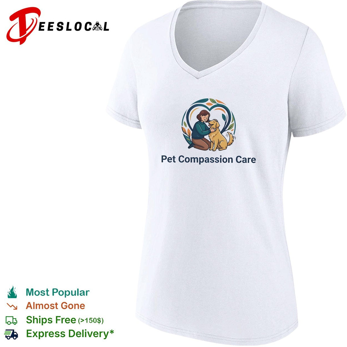 Pet Compassion Care woman with golden retriever heart logo shirt