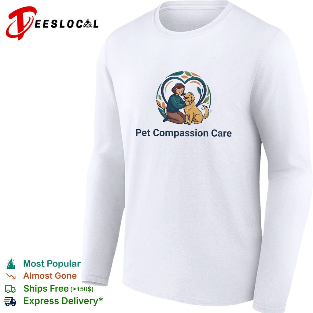 Pet Compassion Care woman with golden retriever heart logo shirt