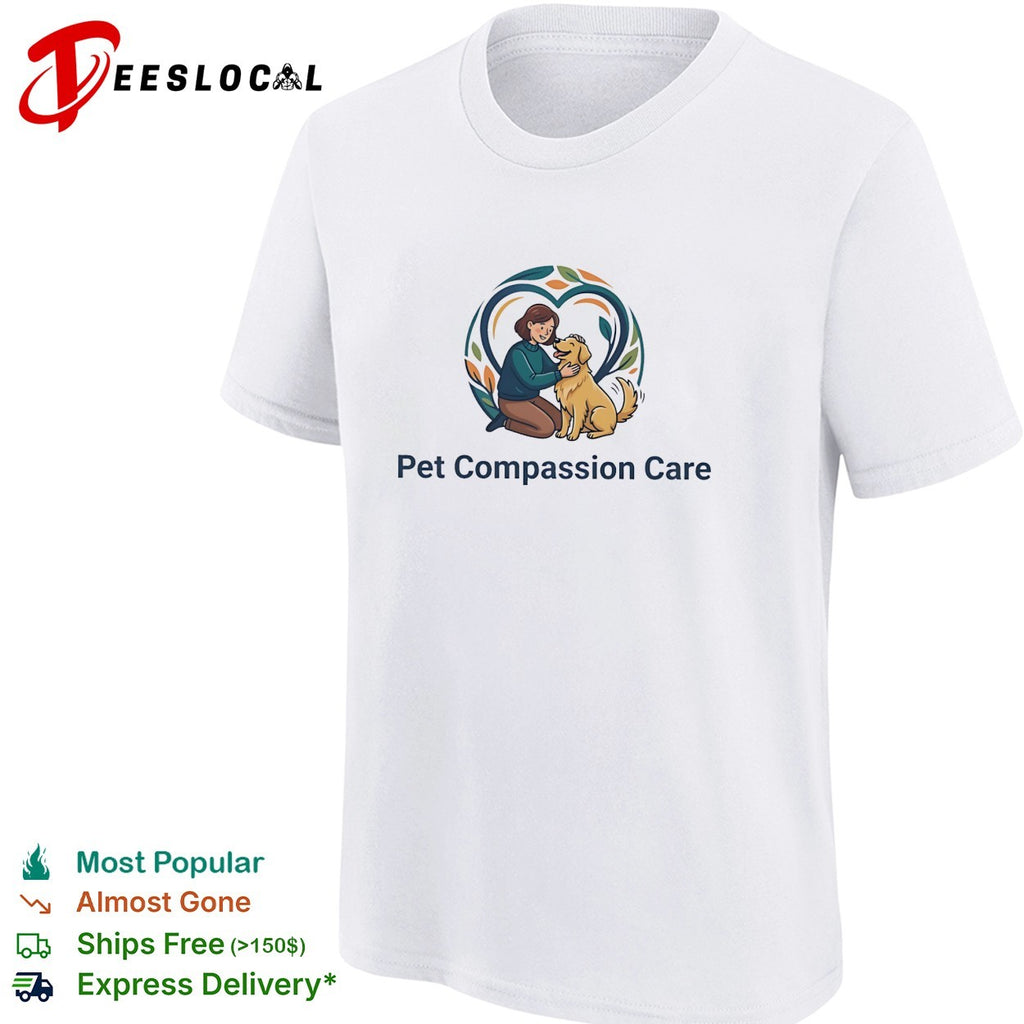 Pet Compassion Care woman with golden retriever heart logo shirt