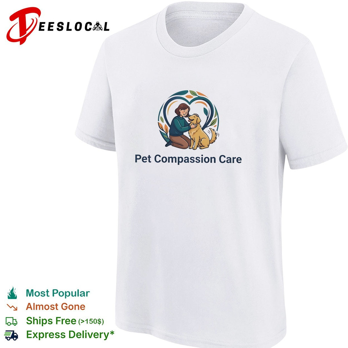 Pet Compassion Care woman with golden retriever heart logo shirt