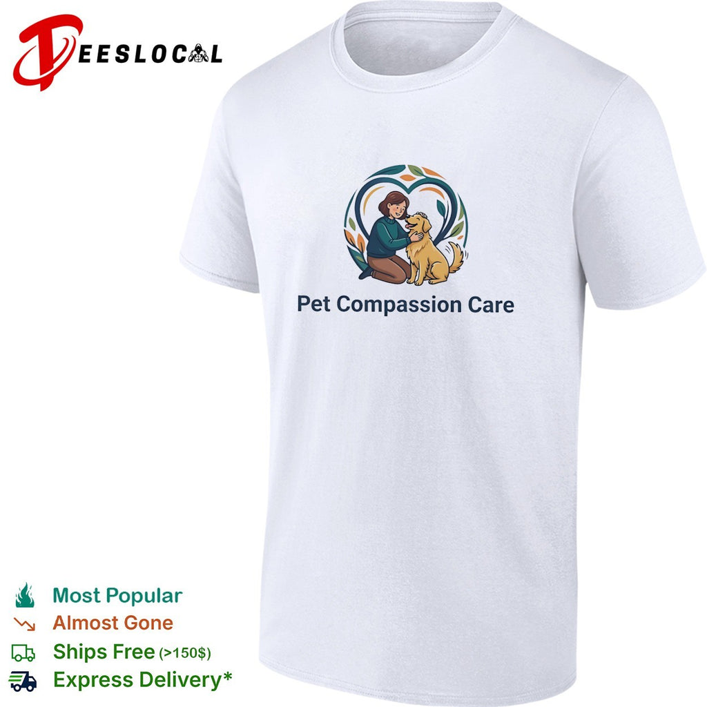 Pet Compassion Care woman with golden retriever heart logo shirt