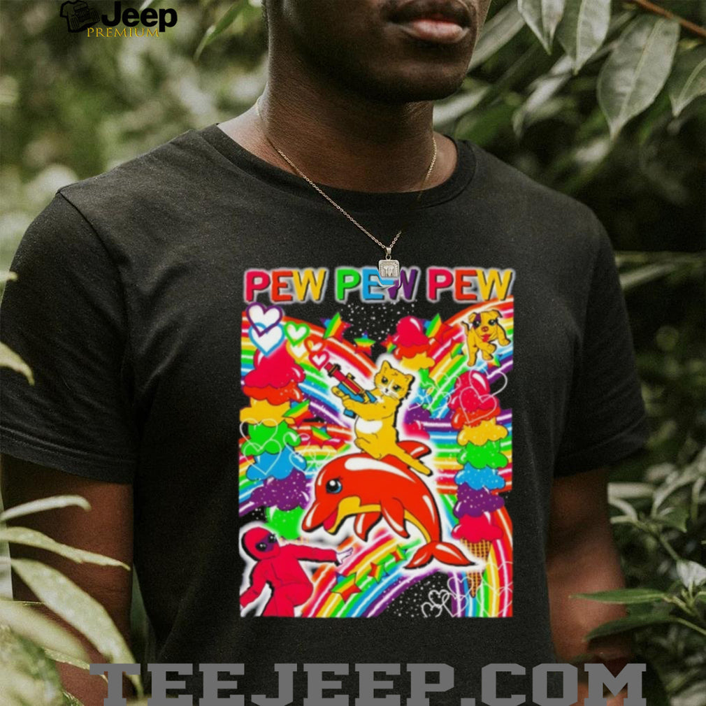 Pew Pew Pew Rainbow Cat Riding Dolphin Vaporwave Aesthetic T Shirt